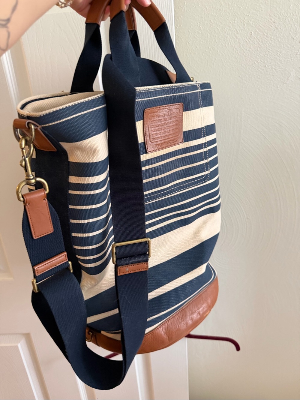 Coach Canvas Stripe Tote Bag with Leather Trim - Navy